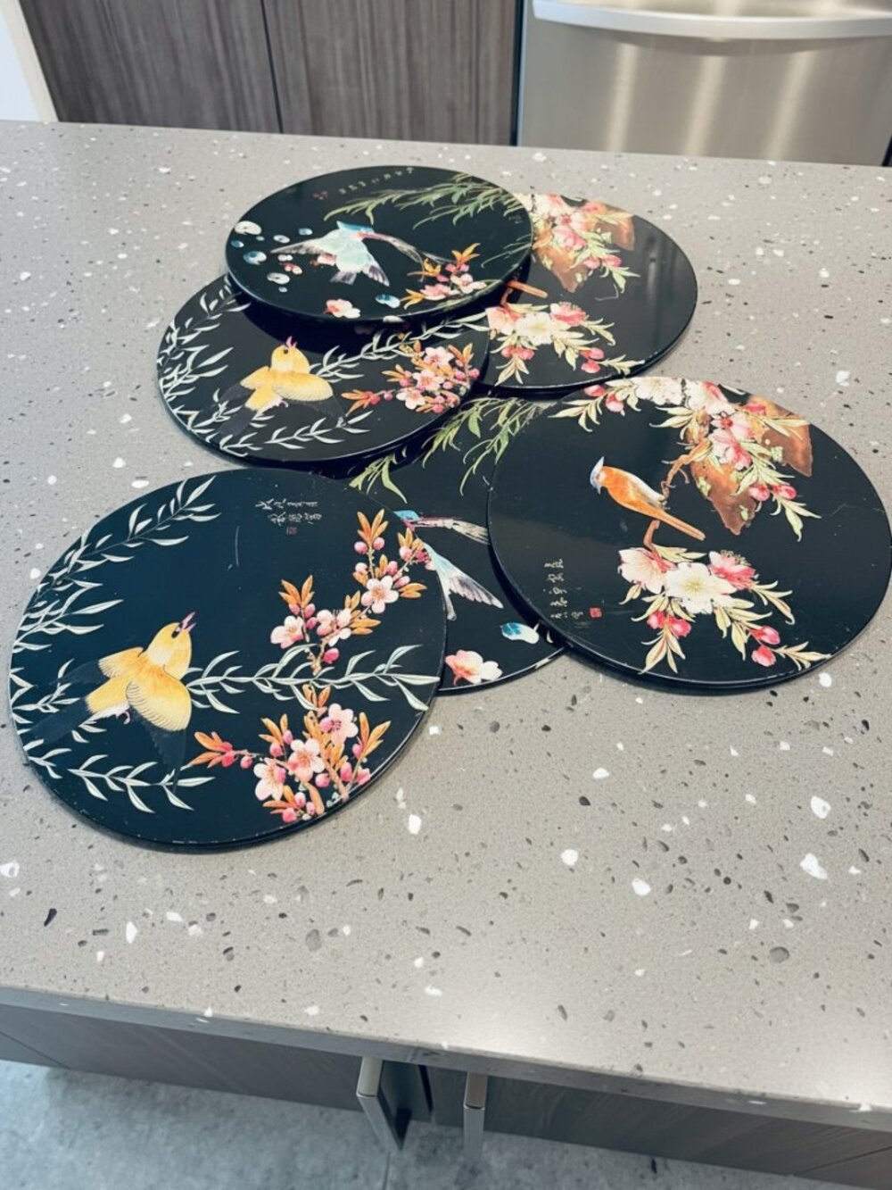 Vintage Set of 6 Trivets Birds Round Cork Backs Black Asian Inspired